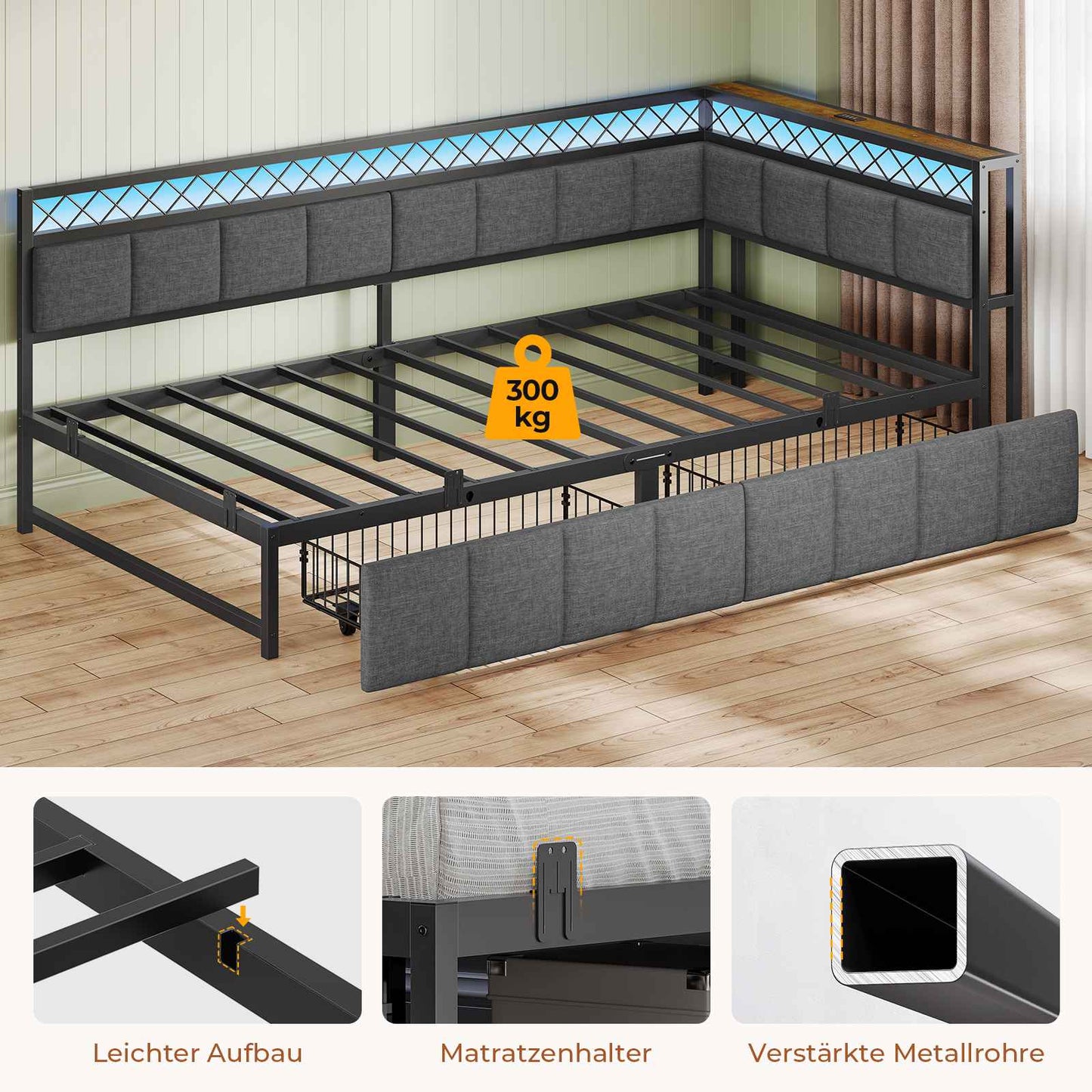 AOGLLATI Polsterbett Schlafsofa 90x200 mit USB-Steckdosen und LED-Beleuchtung Jugendbett 90x200 mit 2 Schubladen mit Lattenrost
