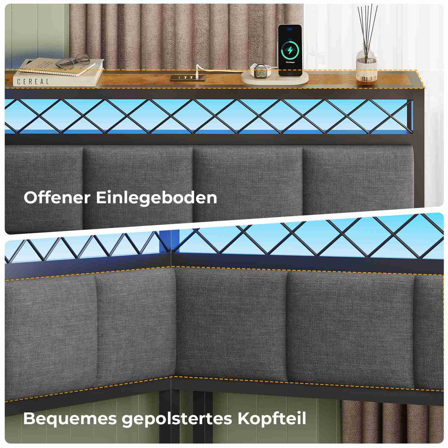 AOGLLATI Polsterbett Schlafsofa 140x200 mit USB-Steckdosen und LED-Beleuchtung Jugendbett 2 Schubladen