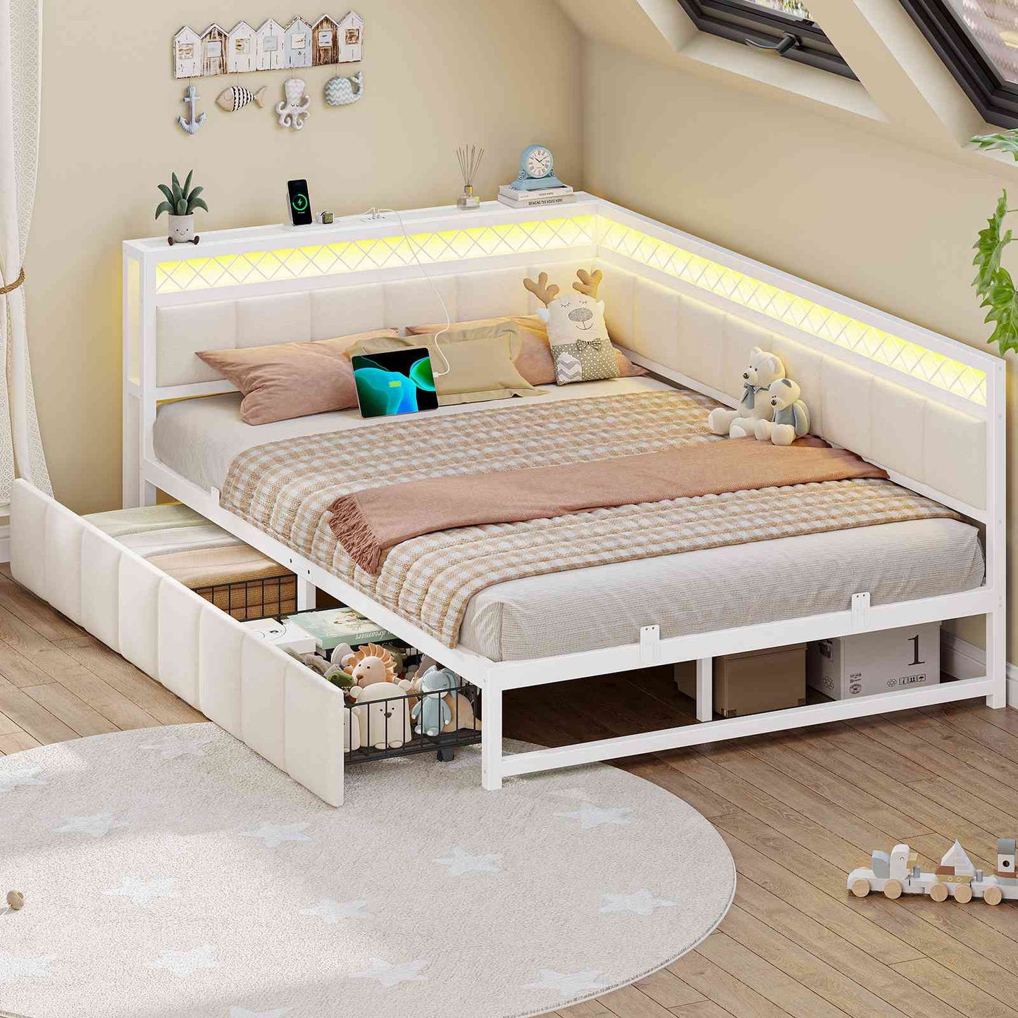 AOGLLATI Polsterbett Schlafsofa 140x200 mit USB-Steckdosen und LED-Beleuchtung Jugendbett 2 Schubladen