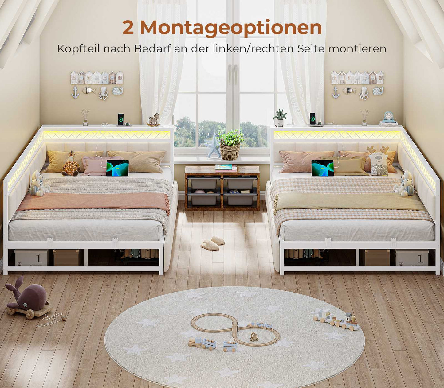 AOGLLATI Polsterbett Schlafsofa 140x200 mit USB-Steckdosen und LED-Beleuchtung Jugendbett 2 Schubladen