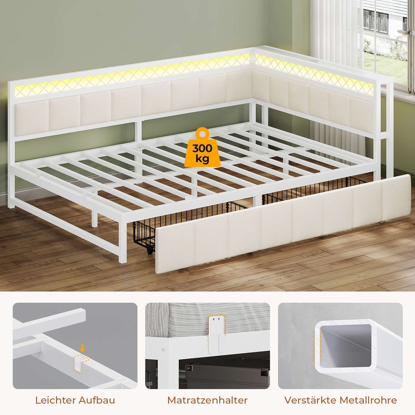 AOGLLATI Polsterbett Schlafsofa 140x200 mit USB-Steckdosen und LED-Beleuchtung Jugendbett 2 Schubladen