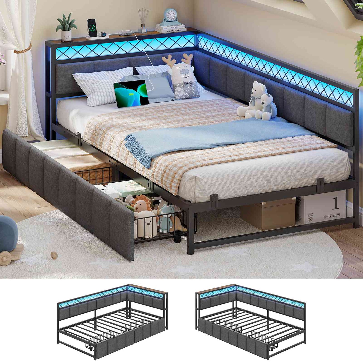 AOGLLATI Polsterbett Schlafsofa 90x200 mit USB-Steckdosen und LED-Beleuchtung Jugendbett 90x200 mit 2 Schubladen mit Lattenrost