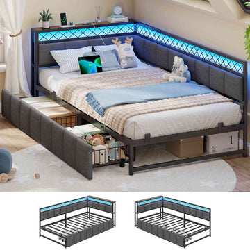 AOGLLATI Polsterbett Schlafsofa 90x200 mit USB-Steckdosen und LED-Beleuchtung Jugendbett 90x200 mit 2 Schubladen mit Lattenrost