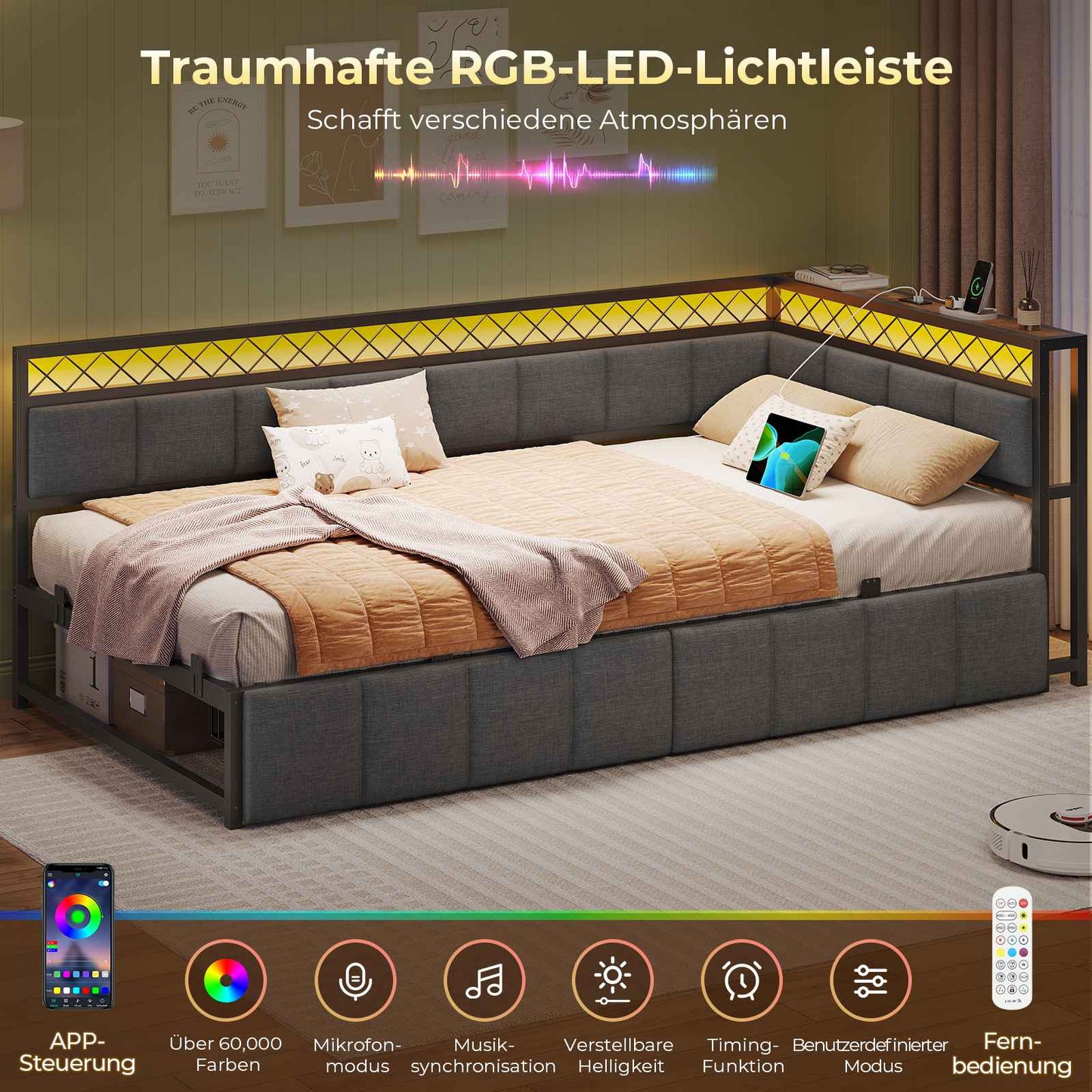 AOGLLATI Polsterbett Schlafsofa 90x200 mit USB-Steckdosen und LED-Beleuchtung Jugendbett 90x200 mit 2 Schubladen mit Lattenrost