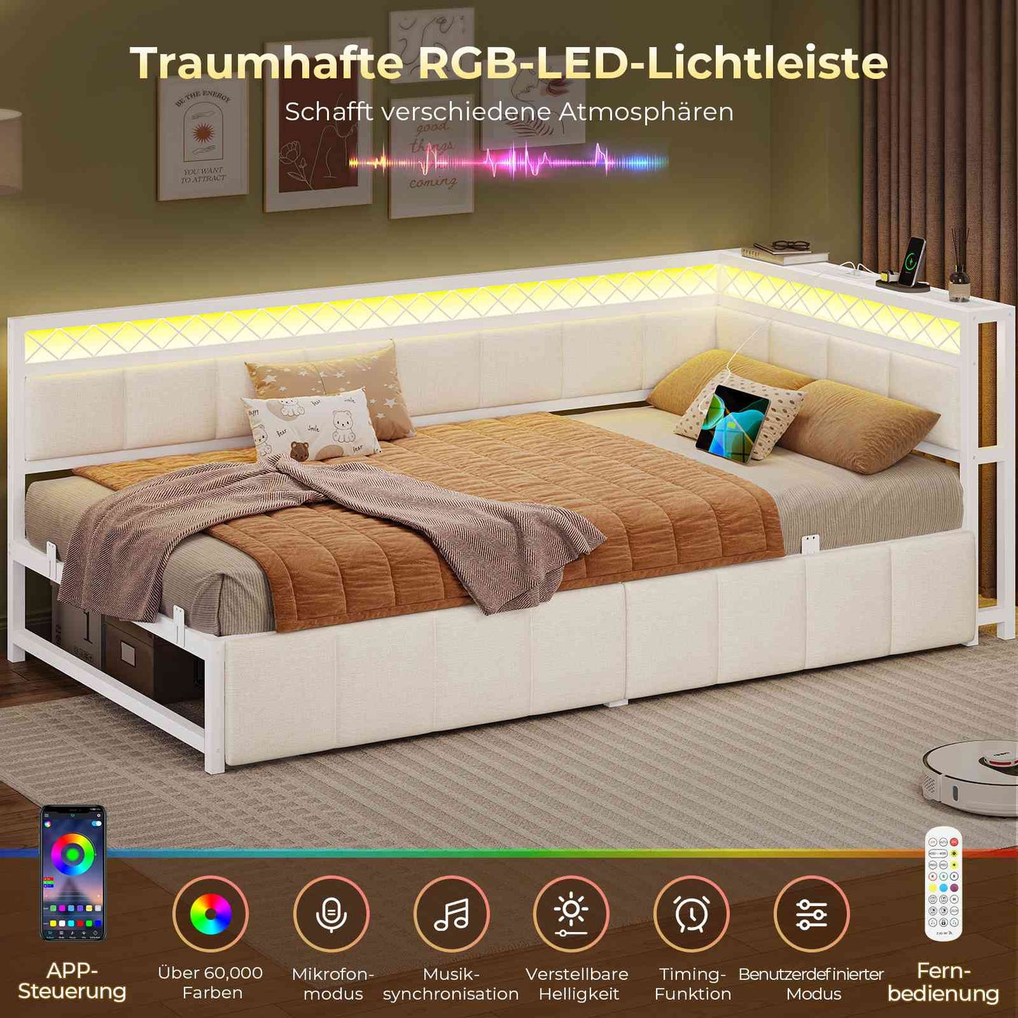 AOGLLATI Polsterbett Schlafsofa 90x200 mit USB-Steckdosen und LED-Beleuchtung Jugendbett 90x200 mit 2 Schubladen mit Lattenrost