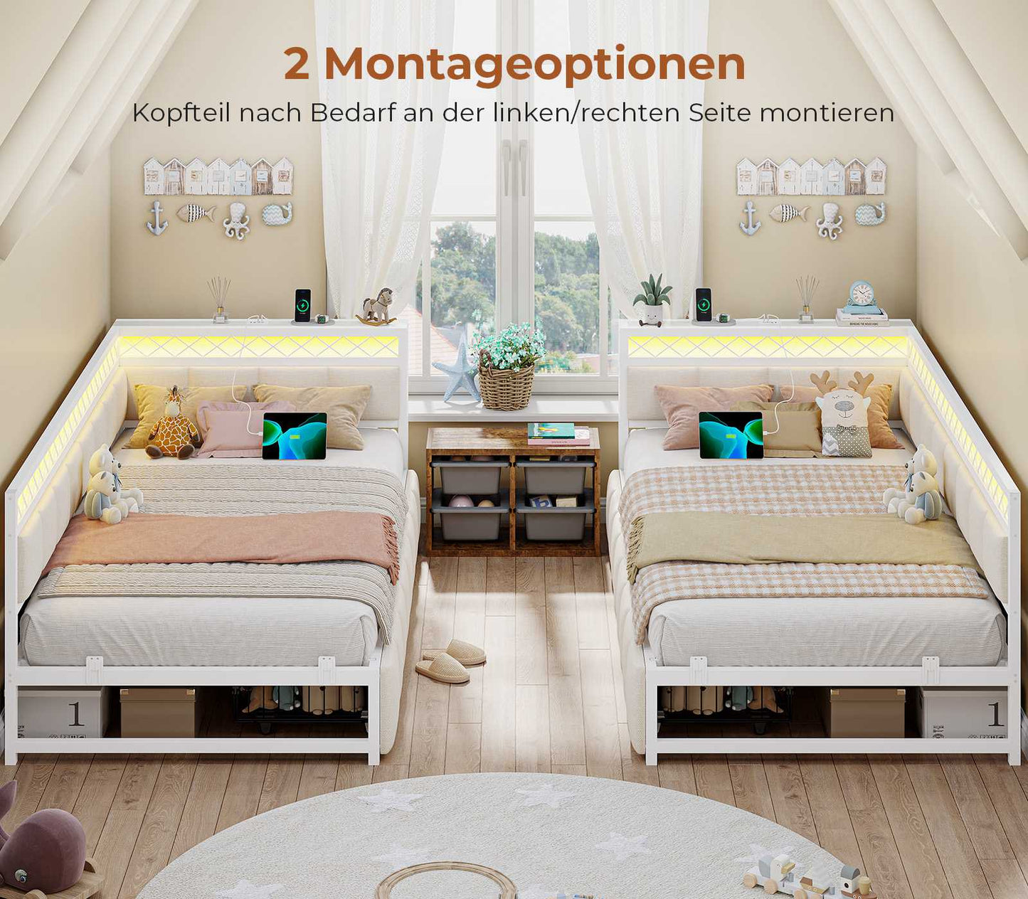 AOGLLATI Polsterbett Schlafsofa 90x200 mit USB-Steckdosen und LED-Beleuchtung Jugendbett 90x200 mit 2 Schubladen mit Lattenrost
