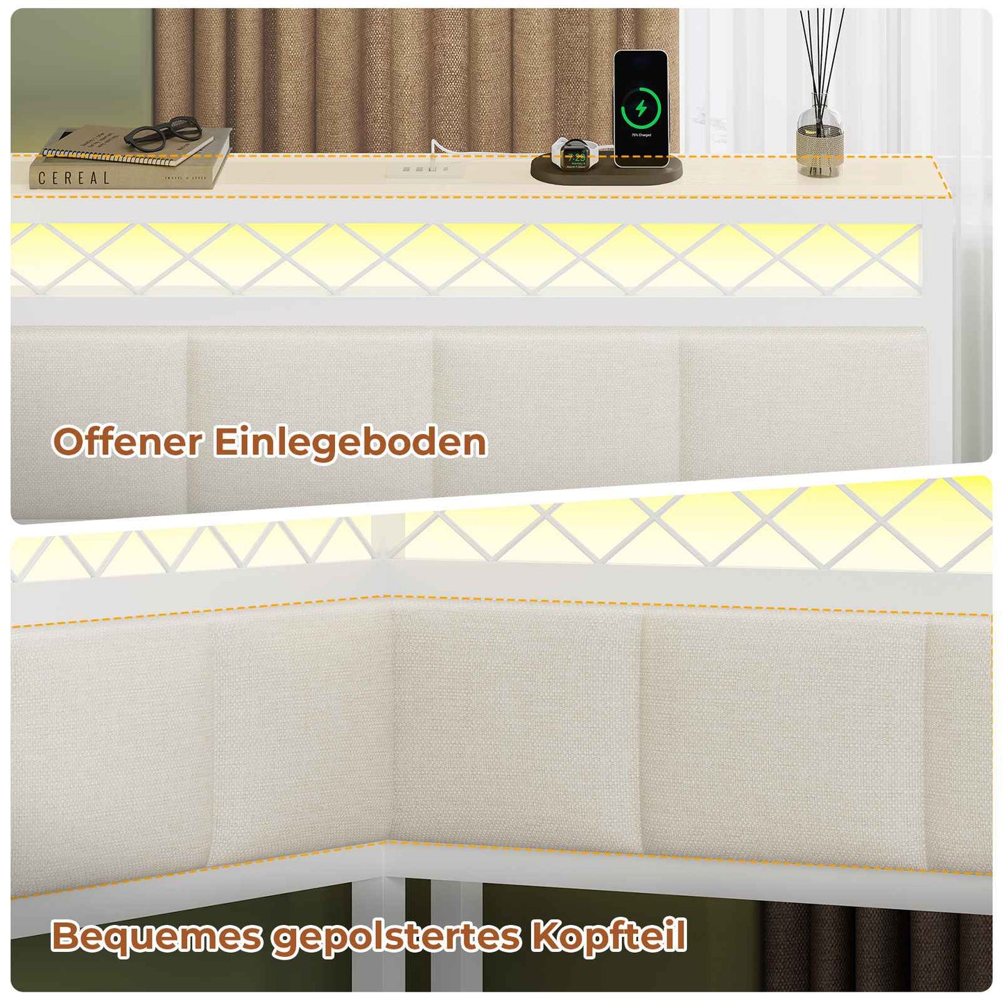 AOGLLATI Polsterbett Schlafsofa 90x200 mit USB-Steckdosen und LED-Beleuchtung Jugendbett 90x200 mit 2 Schubladen mit Lattenrost