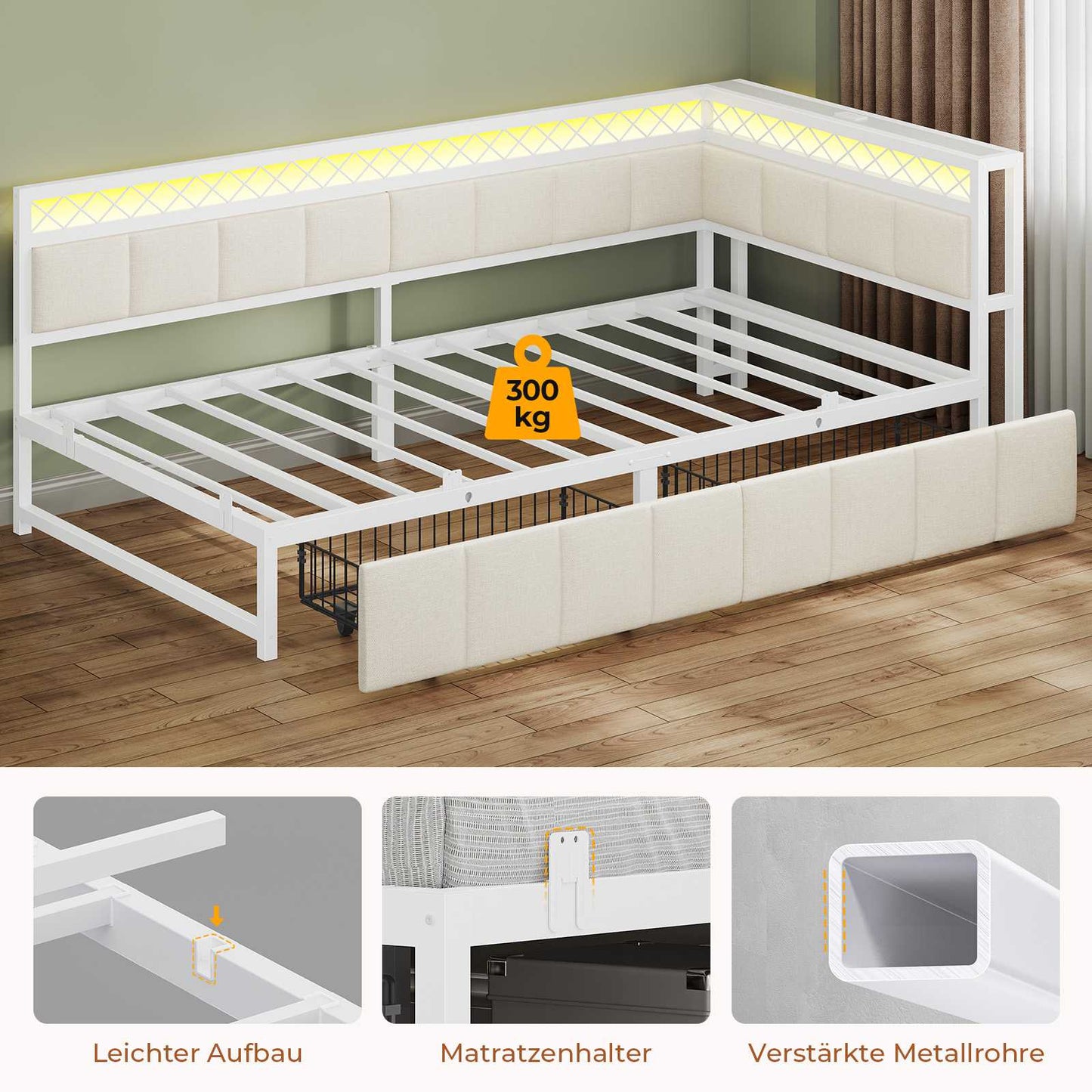 AOGLLATI Polsterbett Schlafsofa 90x200 mit USB-Steckdosen und LED-Beleuchtung Jugendbett 90x200 mit 2 Schubladen mit Lattenrost