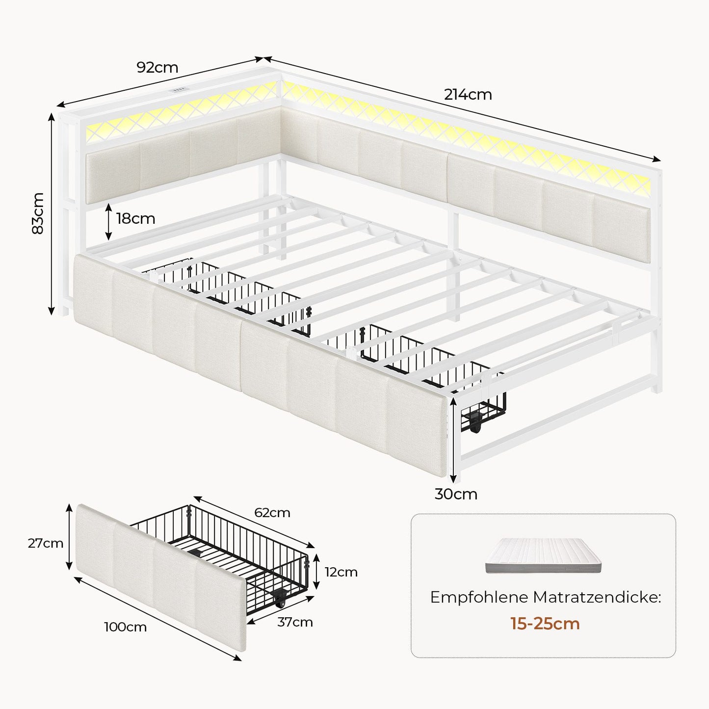 AOGLLATI Polsterbett Schlafsofa 90x200 mit USB-Steckdosen und LED-Beleuchtung Jugendbett 90x200 mit 2 Schubladen mit Lattenrost