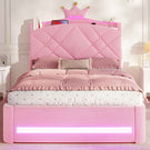 AOGLLATI Kinderbett 90x200, Polsterbett mit Krone-Design, Ladestation & LED-Beleuchtung