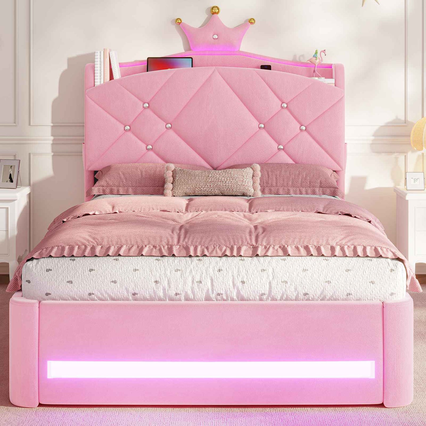 AOGLLATI Kinderbett 90x200, Polsterbett mit Krone-Design, Ladestation & LED-Beleuchtung