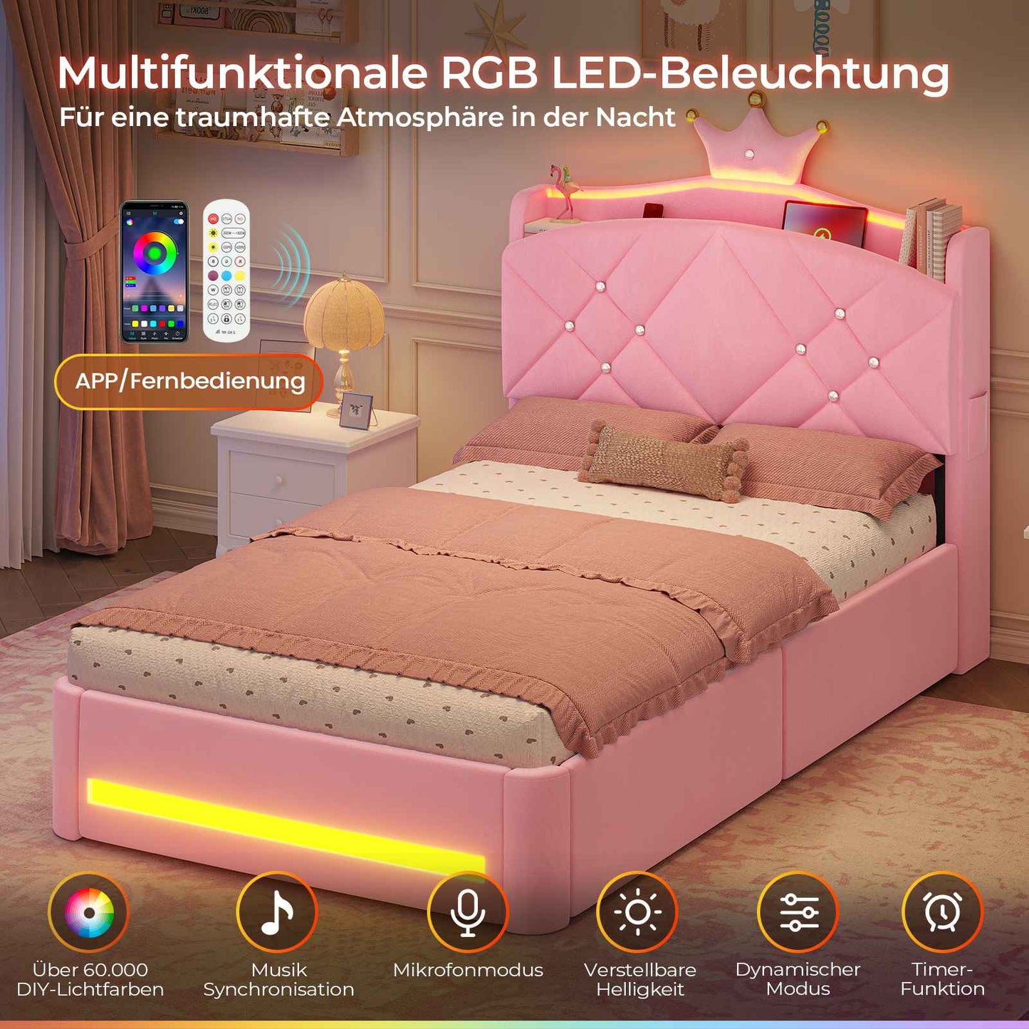 AOGLLATI Kinderbett 90x200, Polsterbett mit Krone-Design, Ladestation & LED-Beleuchtung
