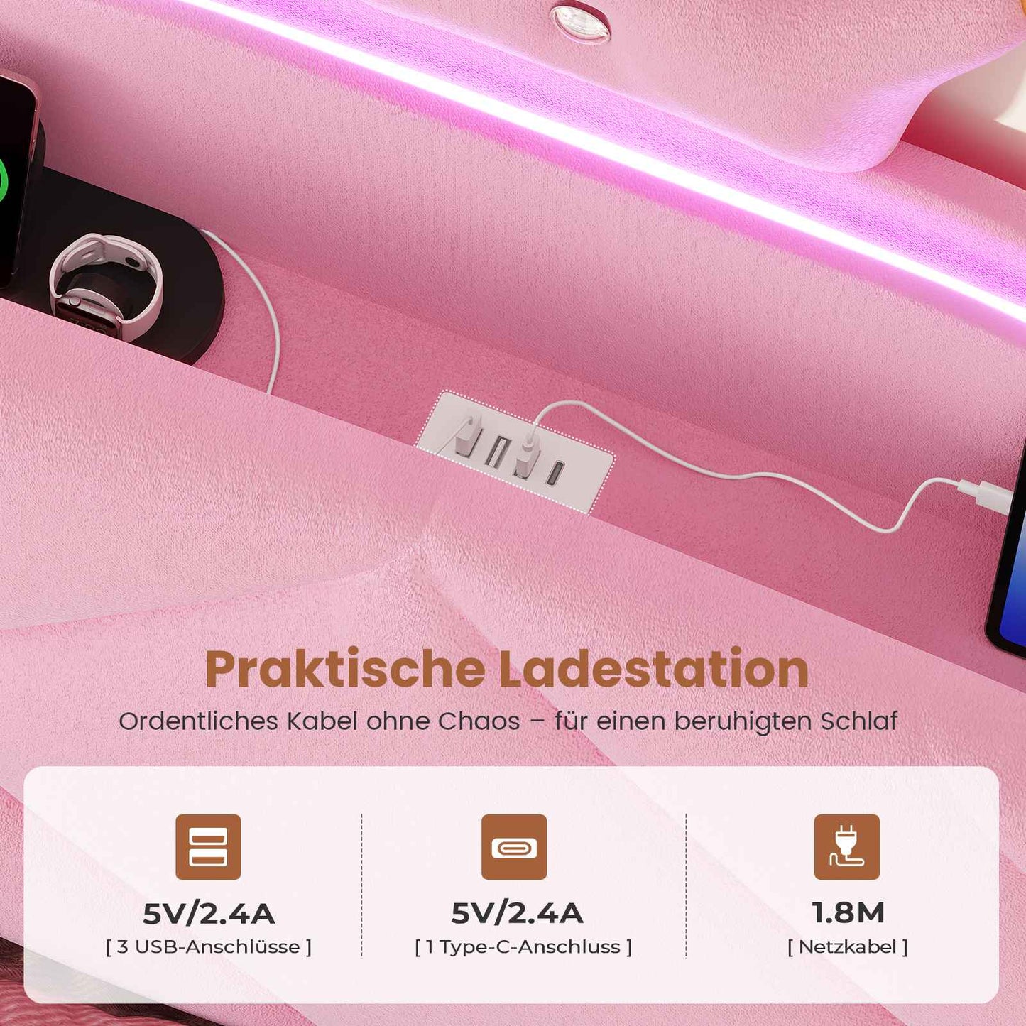 AOGLLATI Kinderbett 90x200, Polsterbett mit Krone-Design, Ladestation & LED-Beleuchtung