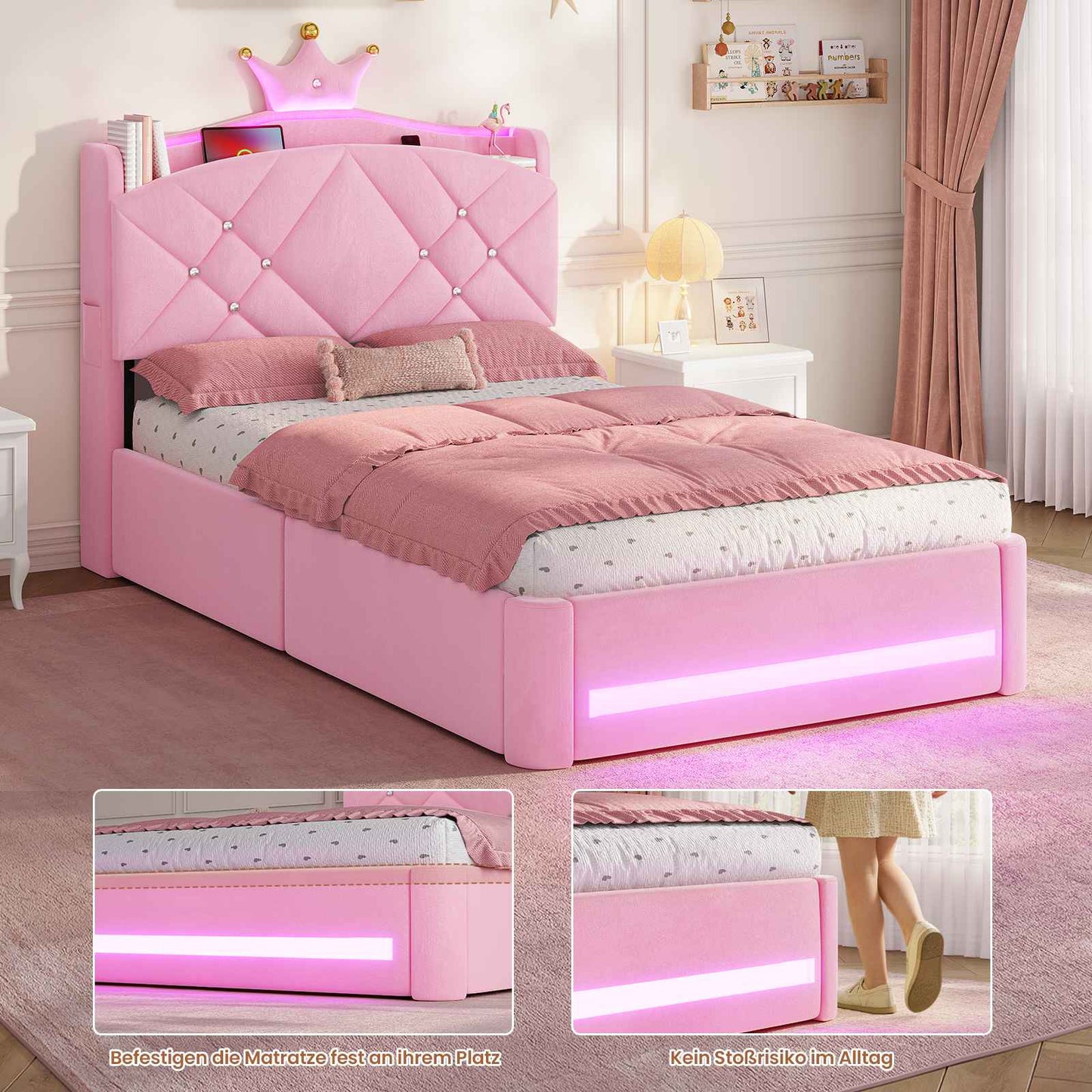 AOGLLATI Kinderbett 90x200, Polsterbett mit Krone-Design, Ladestation & LED-Beleuchtung