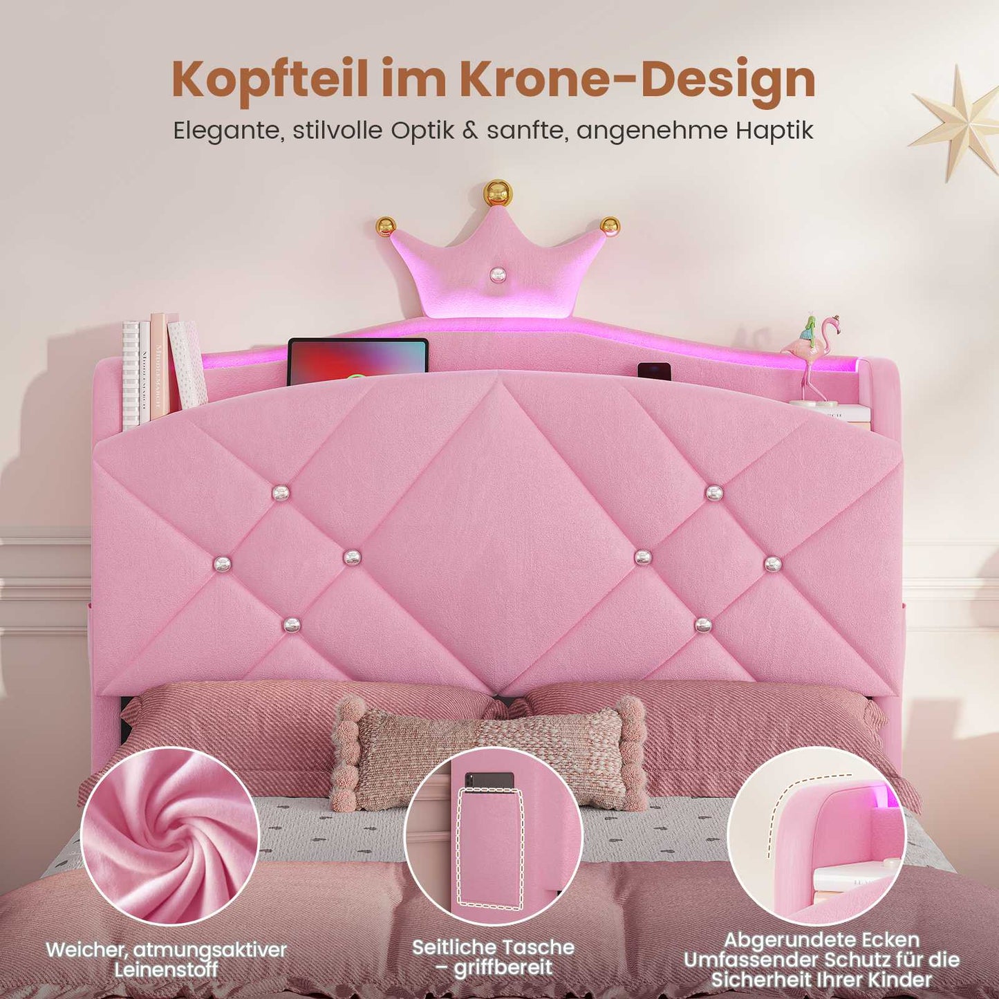 AOGLLATI Kinderbett 90x200, Polsterbett mit Krone-Design, Ladestation & LED-Beleuchtung