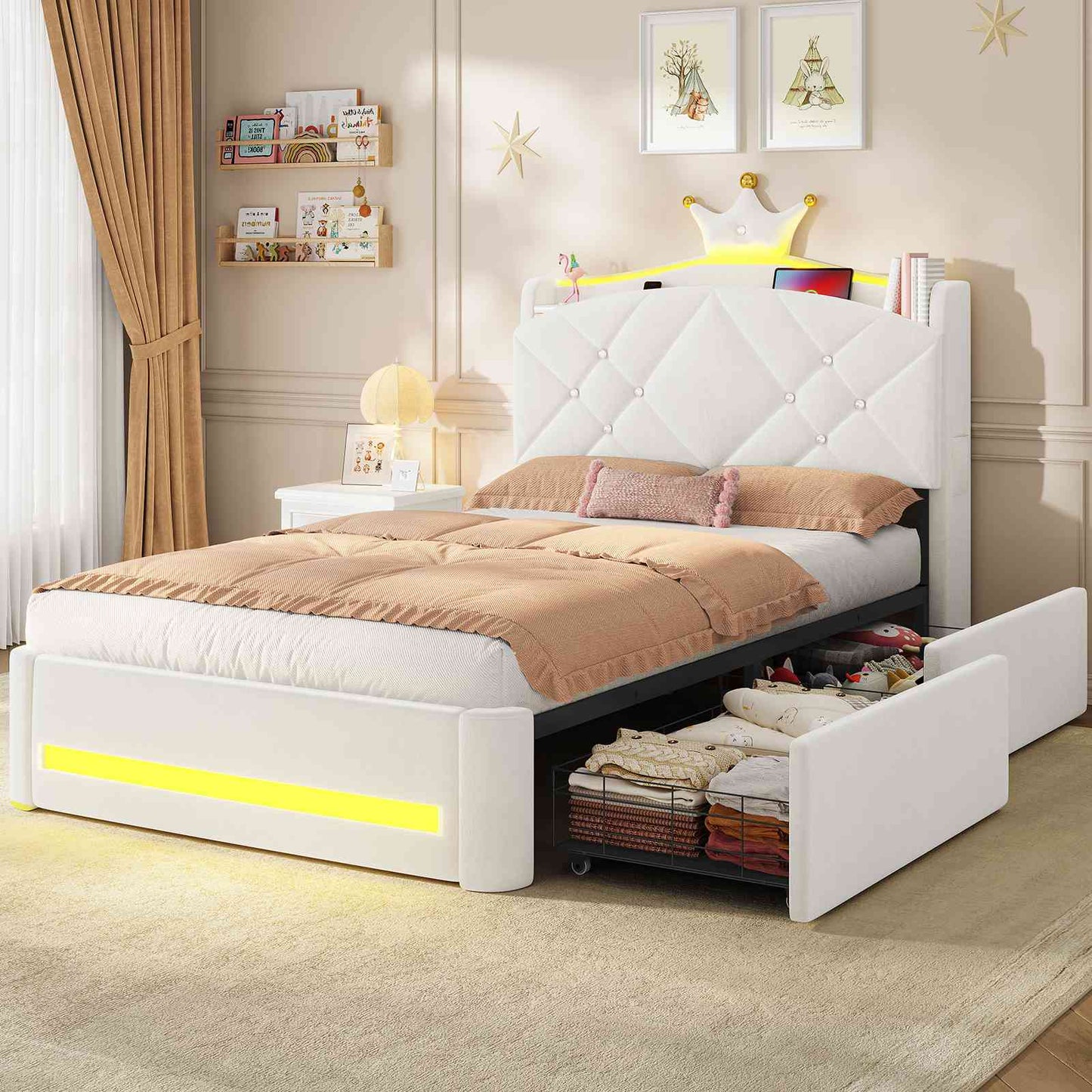 AOGLLATI Kinderbett 90x200, Polsterbett mit Krone-Design, Ladestation & LED-Beleuchtung