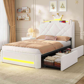 AOGLLATI Kinderbett 90x200, Polsterbett mit Krone-Design, Ladestation & LED-Beleuchtung