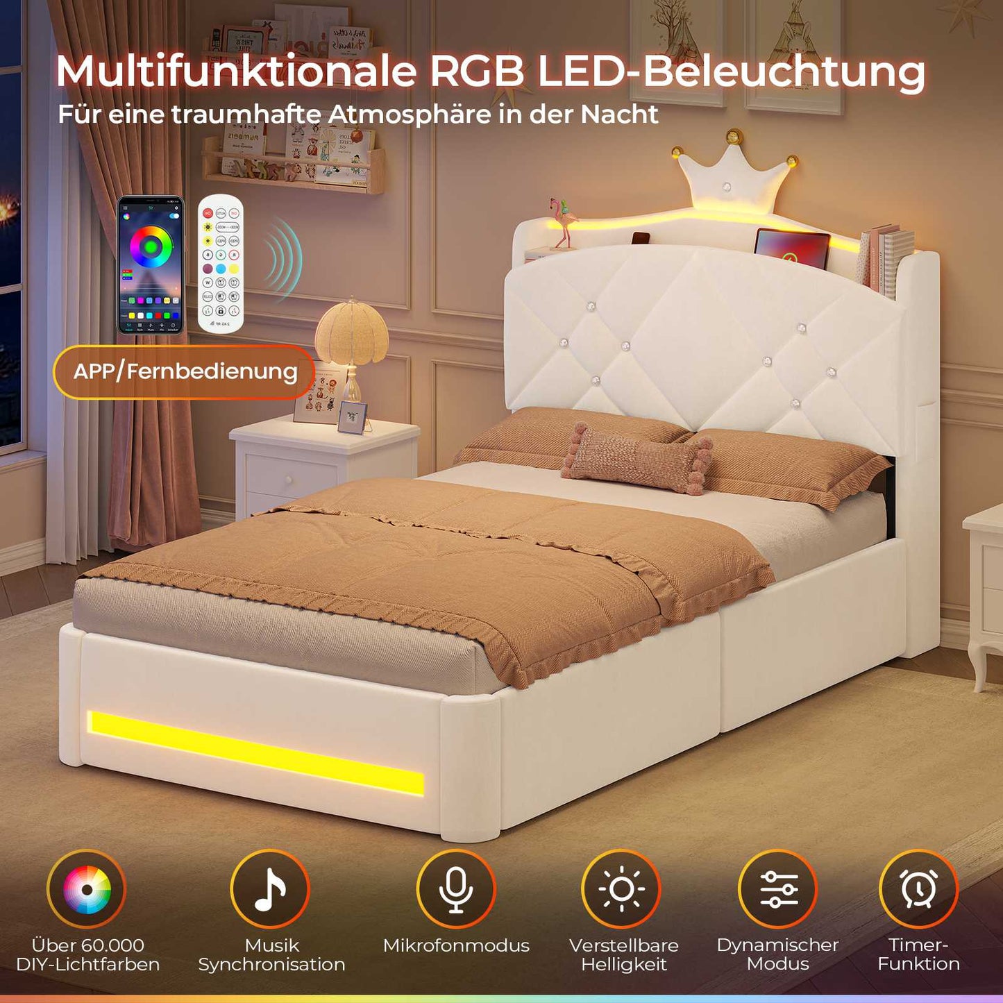 AOGLLATI Kinderbett 90x200, Polsterbett mit Krone-Design, Ladestation & LED-Beleuchtung