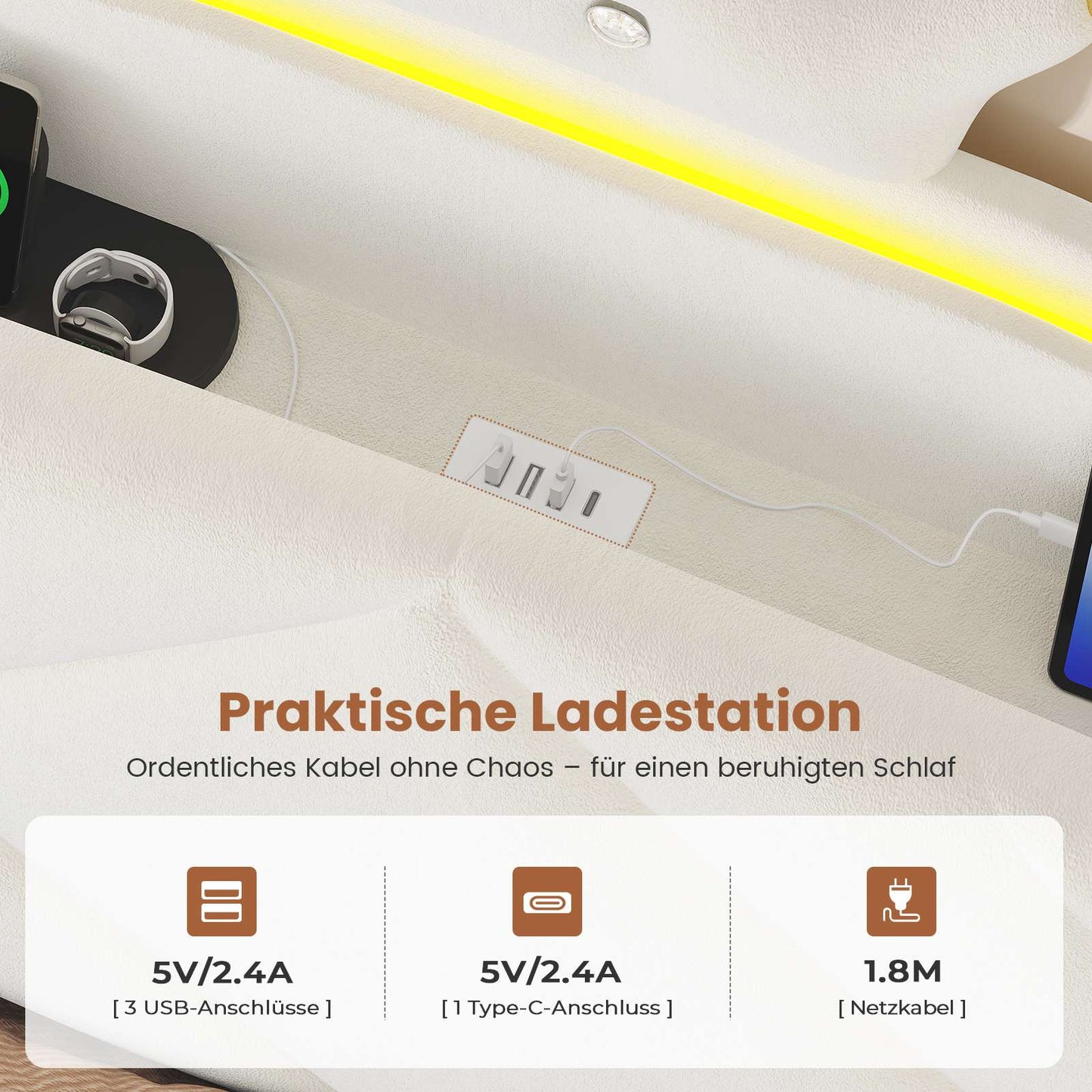AOGLLATI Kinderbett 90x200, Polsterbett mit Krone-Design, Ladestation & LED-Beleuchtung