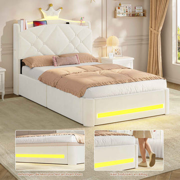AOGLLATI Kinderbett 90x200, Polsterbett mit Krone-Design, Ladestation & LED-Beleuchtung