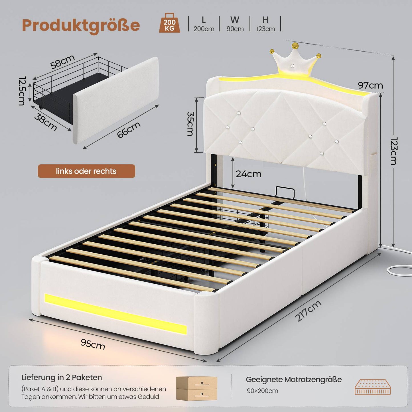 AOGLLATI Kinderbett 90x200, Polsterbett mit Krone-Design, Ladestation & LED-Beleuchtung