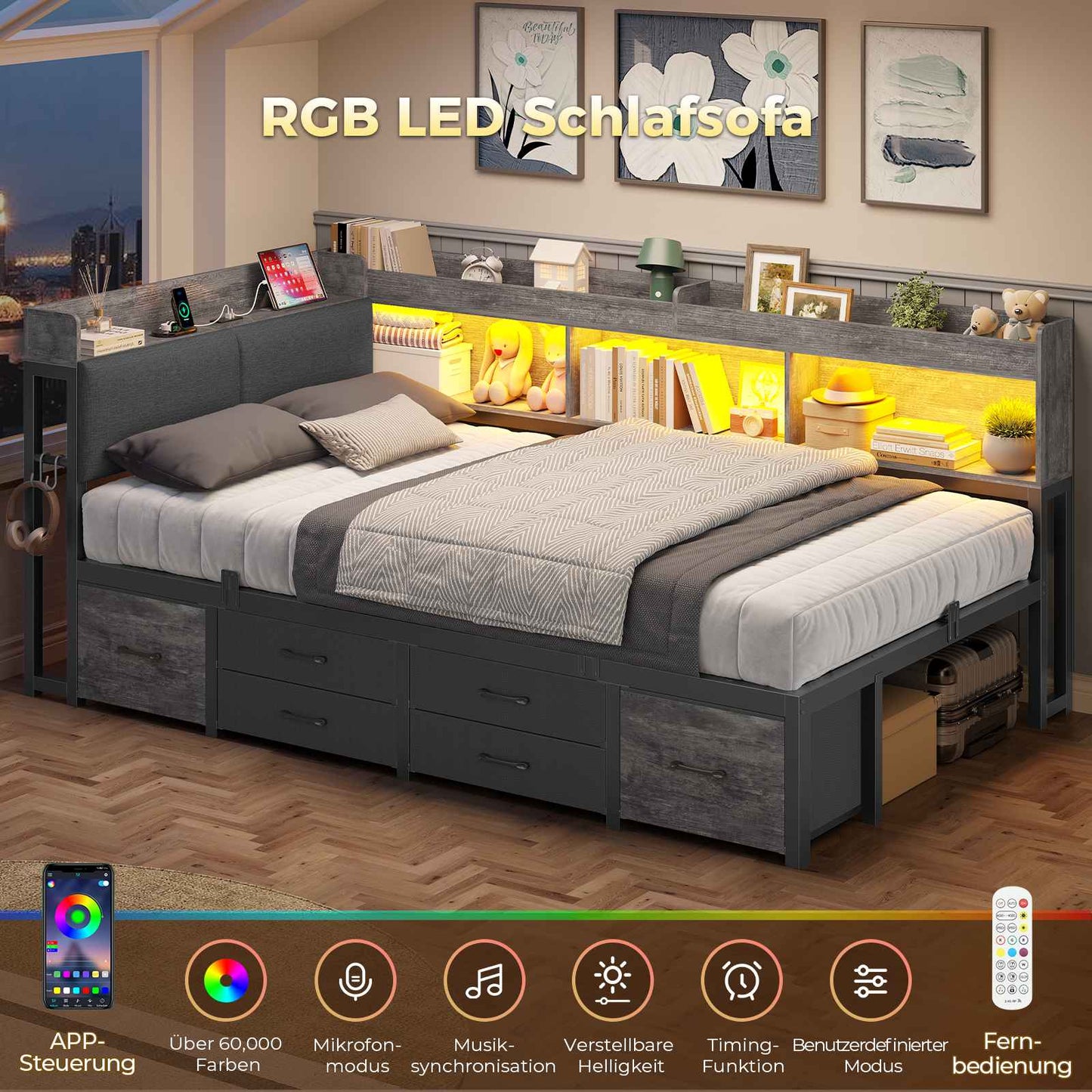 AOGLLATI Polsterbett Schlafsofa 90x200 mit 6 Staufächern & 6 Schubladen mit LED-Beleuchtung Tagesbett mit Gepolstertem Kopfteil