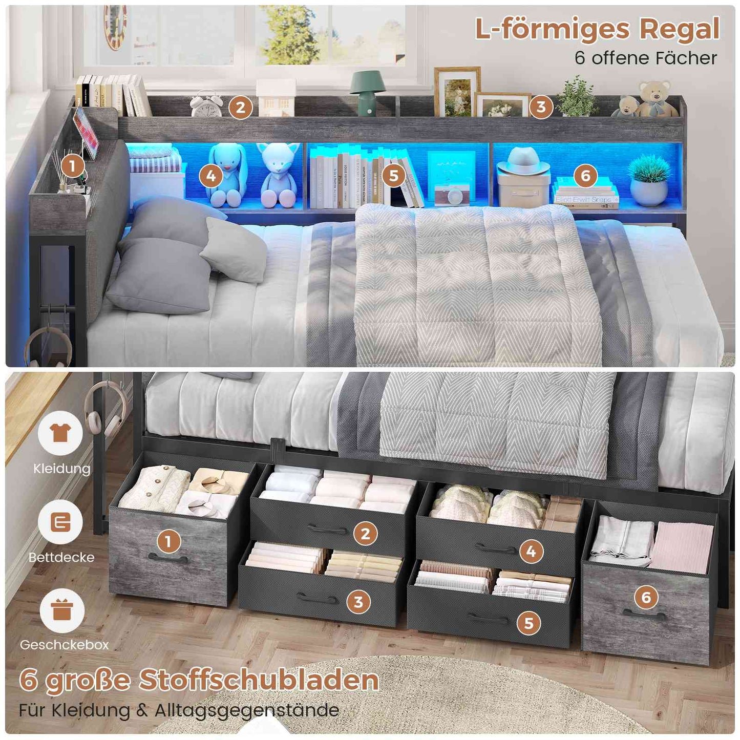 AOGLLATI Polsterbett Schlafsofa 90x200 mit 6 Staufächern & 6 Schubladen mit LED-Beleuchtung Tagesbett mit Gepolstertem Kopfteil