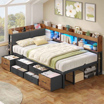 AOGLLATI Polsterbett Schlafsofa 90x200 mit 6 Staufächern & 6 Schubladen mit LED-Beleuchtung Tagesbett mit Gepolstertem Kopfteil