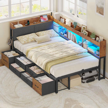 AOGLLATI Polsterbett Schlafsofa 90x200 mit 6 Staufächern & 6 Schubladen mit LED-Beleuchtung Tagesbett mit Gepolstertem Kopfteil