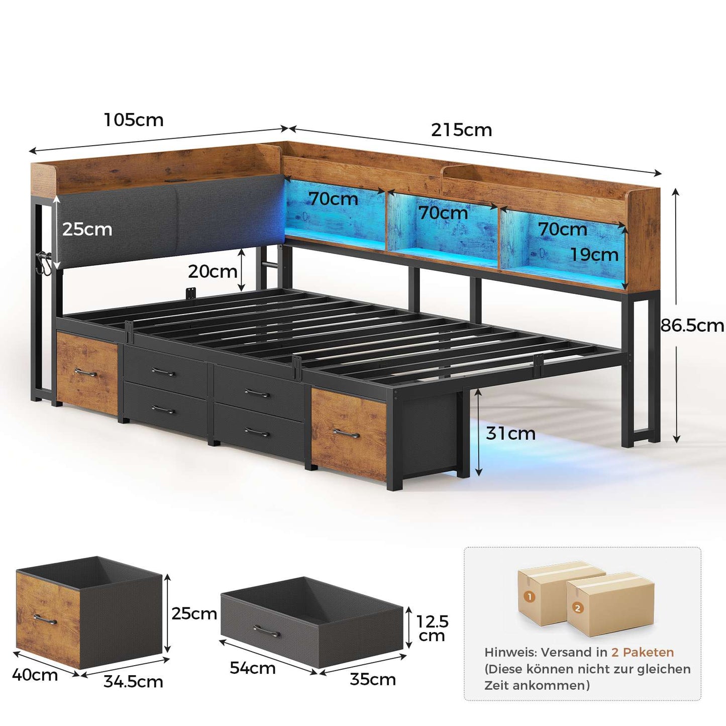 AOGLLATI Polsterbett Schlafsofa 90x200 mit 6 Staufächern & 6 Schubladen mit LED-Beleuchtung Tagesbett mit Gepolstertem Kopfteil