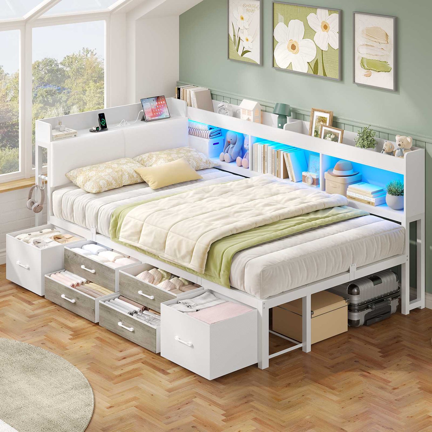 AOGLLATI Polsterbett Schlafsofa 90x200 mit 6 Staufächern & 6 Schubladen mit LED-Beleuchtung Tagesbett mit Gepolstertem Kopfteil