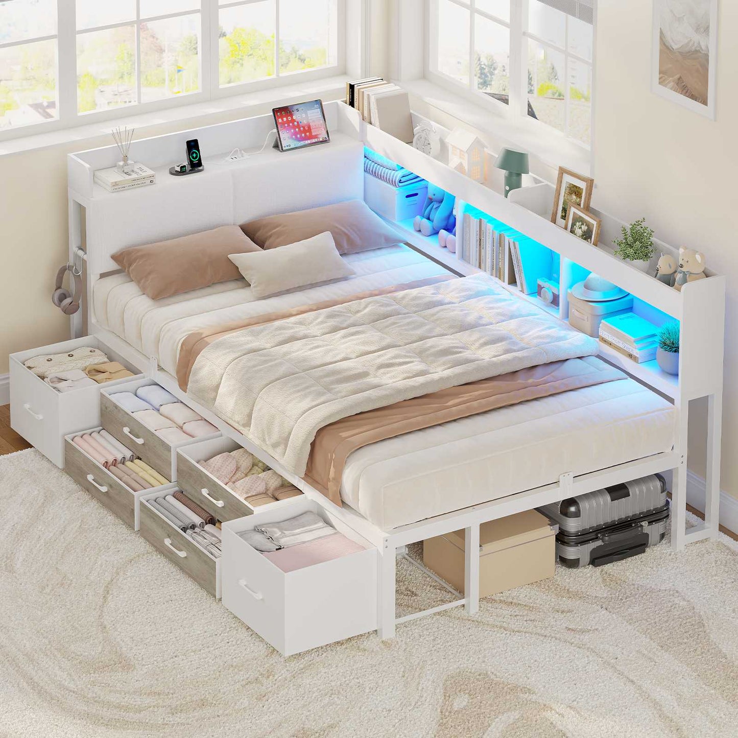 AOGLLATI Polsterbett Schlafsofa 90x200 mit 6 Staufächern & 6 Schubladen mit LED-Beleuchtung Tagesbett mit Gepolstertem Kopfteil