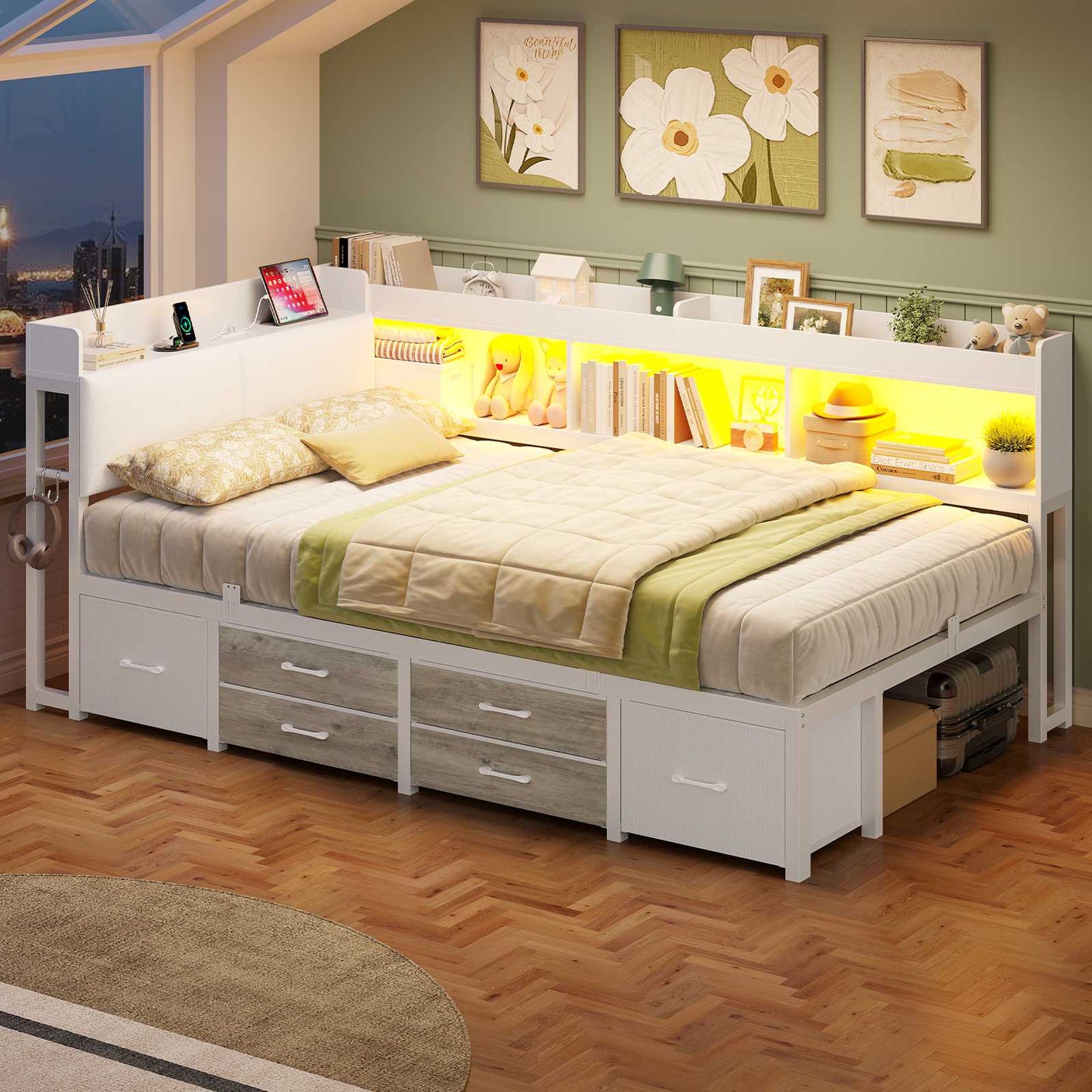 AOGLLATI Polsterbett Schlafsofa 90x200 mit 6 Staufächern & 6 Schubladen mit LED-Beleuchtung Tagesbett mit Gepolstertem Kopfteil