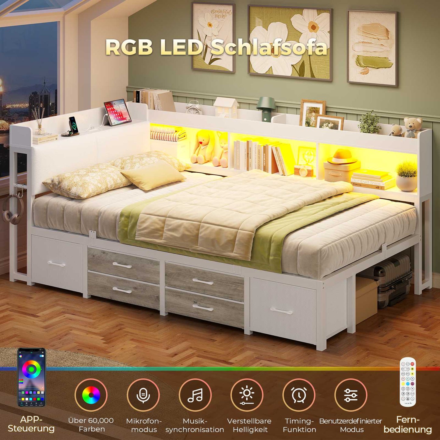 AOGLLATI Polsterbett Schlafsofa 90x200 mit 6 Staufächern & 6 Schubladen mit LED-Beleuchtung Tagesbett mit Gepolstertem Kopfteil
