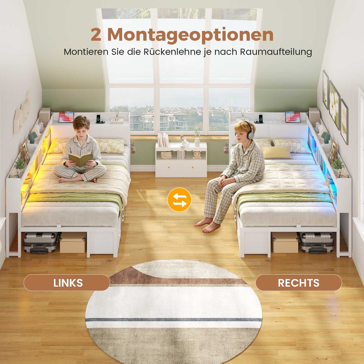 AOGLLATI Polsterbett Schlafsofa 90x200 mit 6 Staufächern & 6 Schubladen mit LED-Beleuchtung Tagesbett mit Gepolstertem Kopfteil