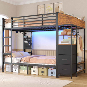 AOGLLATI Hochbett 90x200 Jugendbett mit Treppe und Rausfallschutz Bunk Bed mit LED Beleuchtung und Ladestation