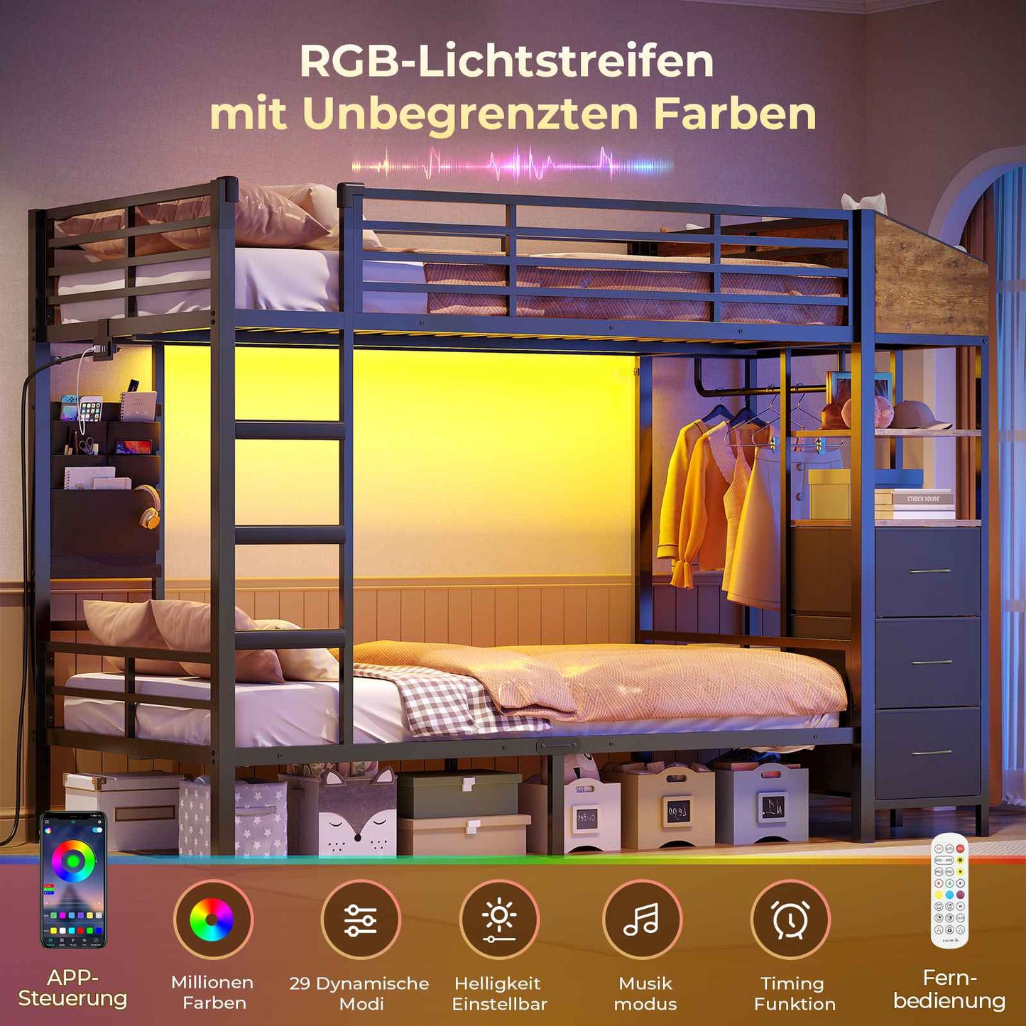 AOGLLATI Hochbett 90x200 Jugendbett mit Treppe und Rausfallschutz Bunk Bed mit LED Beleuchtung und Ladestation