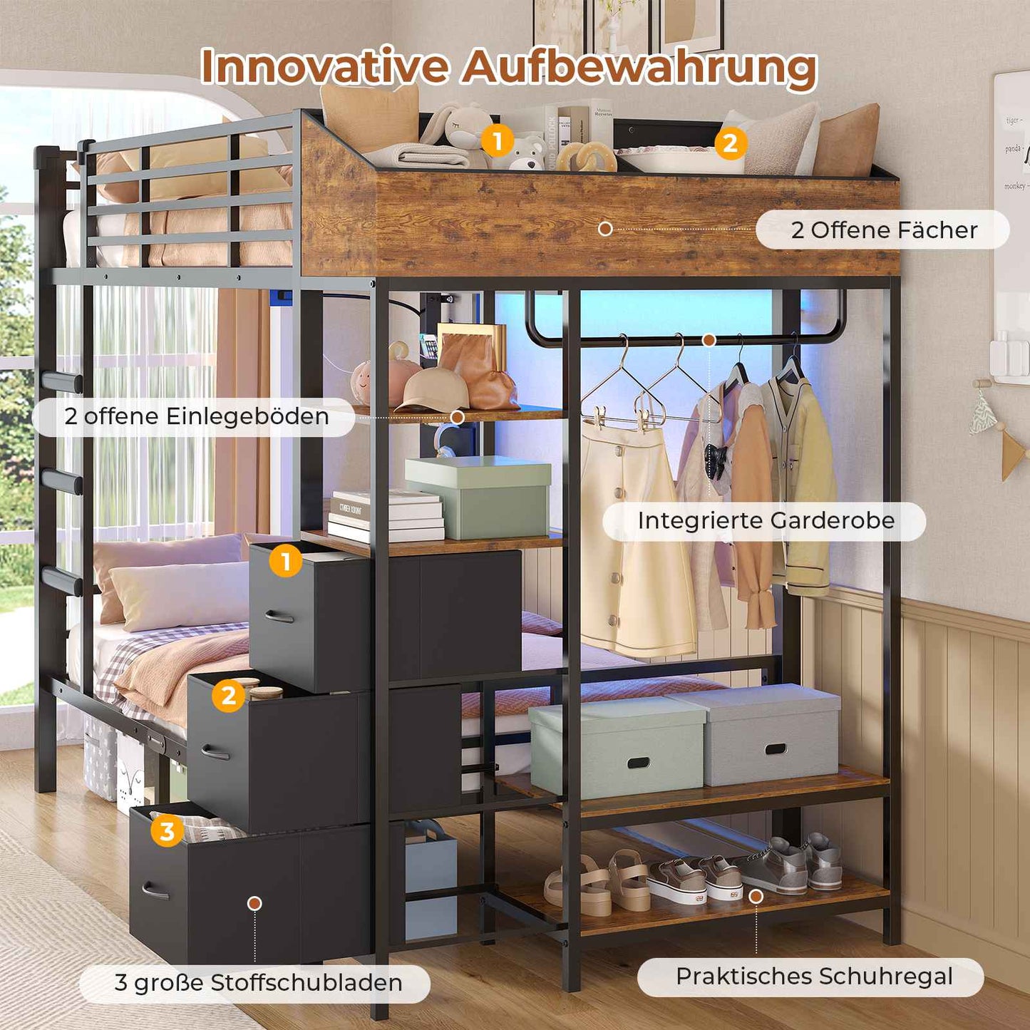 AOGLLATI Hochbett 90x200 Jugendbett mit Treppe und Rausfallschutz Bunk Bed mit LED Beleuchtung und Ladestation