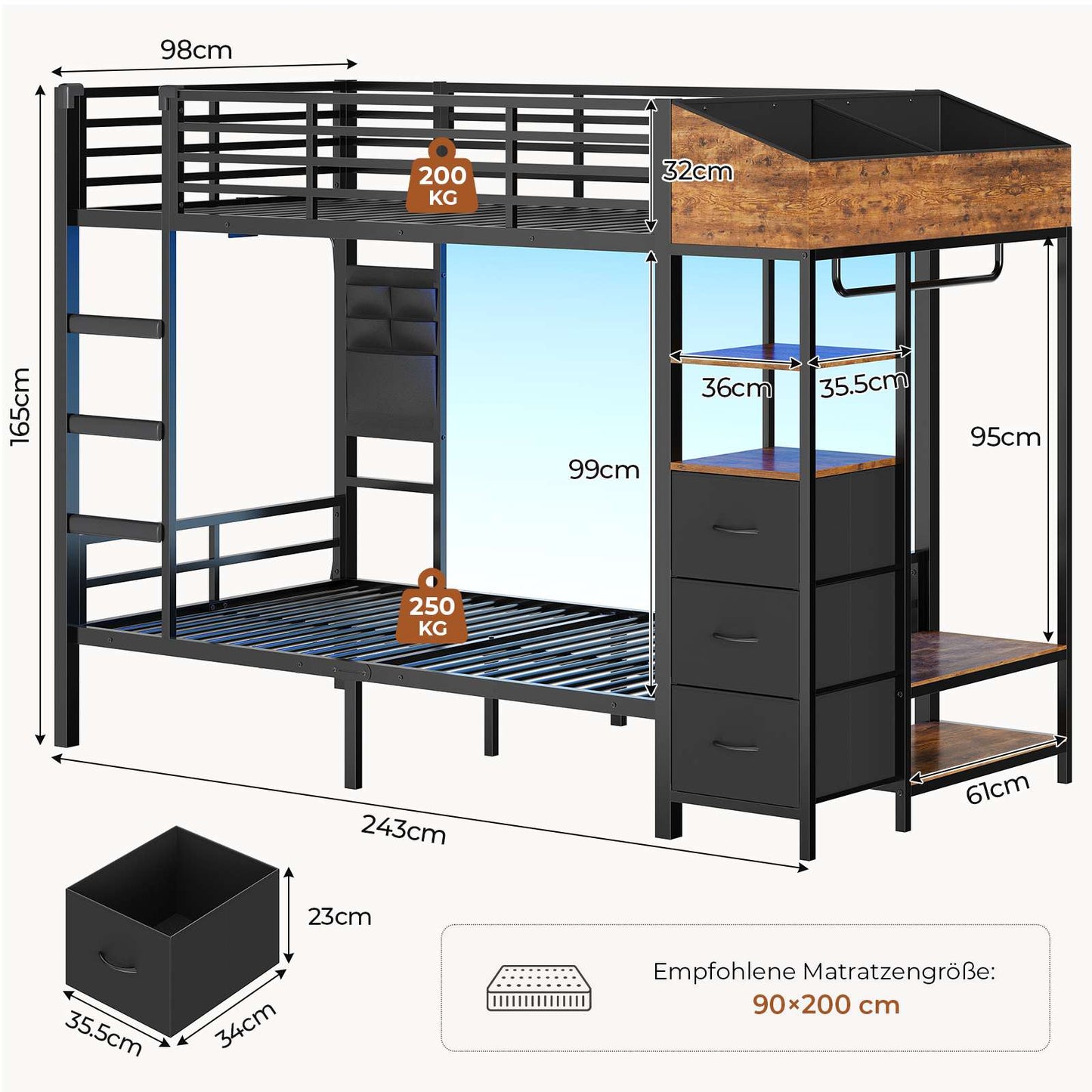 AOGLLATI Hochbett 90x200 Jugendbett mit Treppe und Rausfallschutz Bunk Bed mit LED Beleuchtung und Ladestation