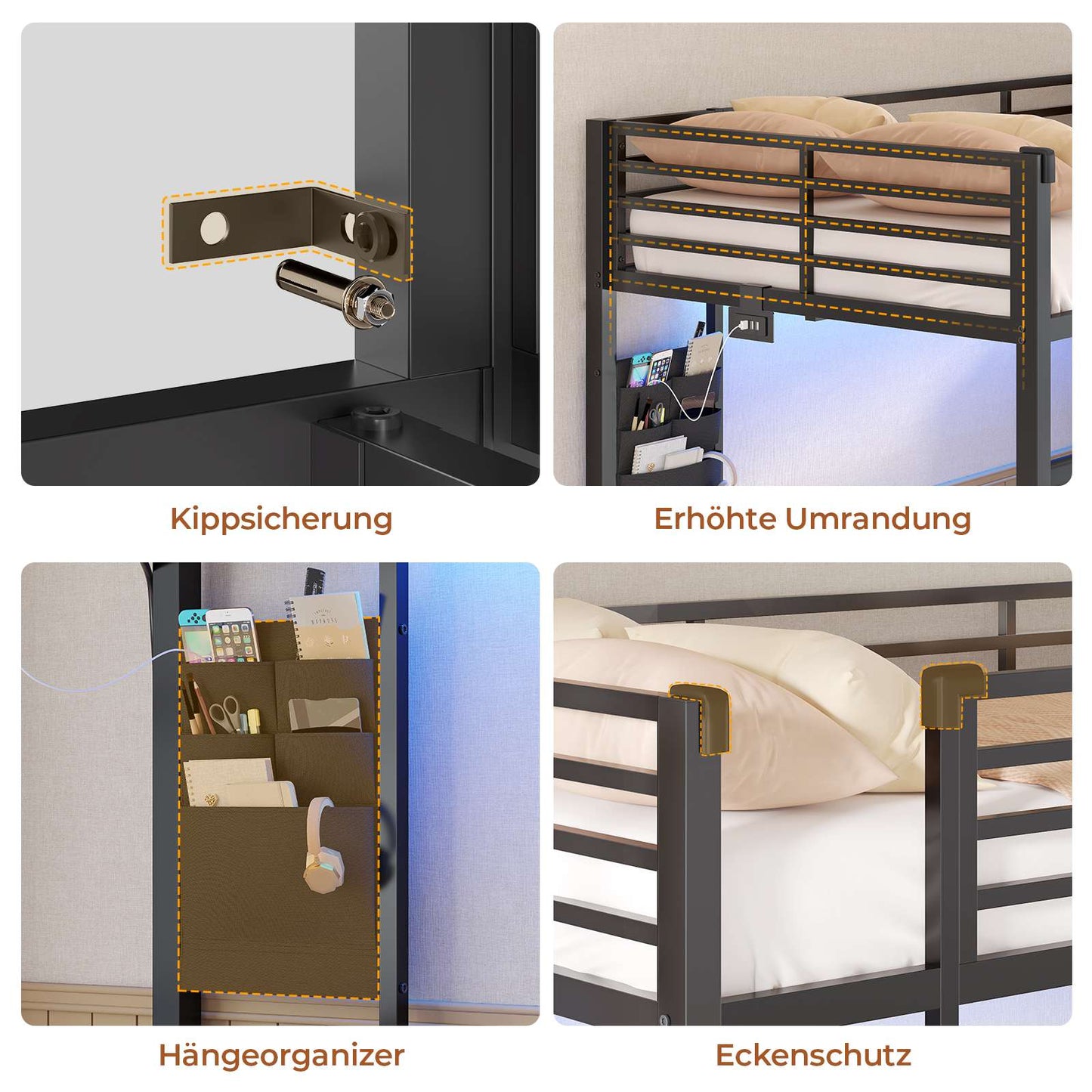 AOGLLATI Hochbett 90x200 Jugendbett mit Treppe und Rausfallschutz Bunk Bed mit LED Beleuchtung und Ladestation