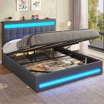 AOGLLATI Polsterbett 160 x 200 mit LED Beleuchtung und Ladestation Bettgestell mit Höhenverstellbares Kopfteil und Stauraum