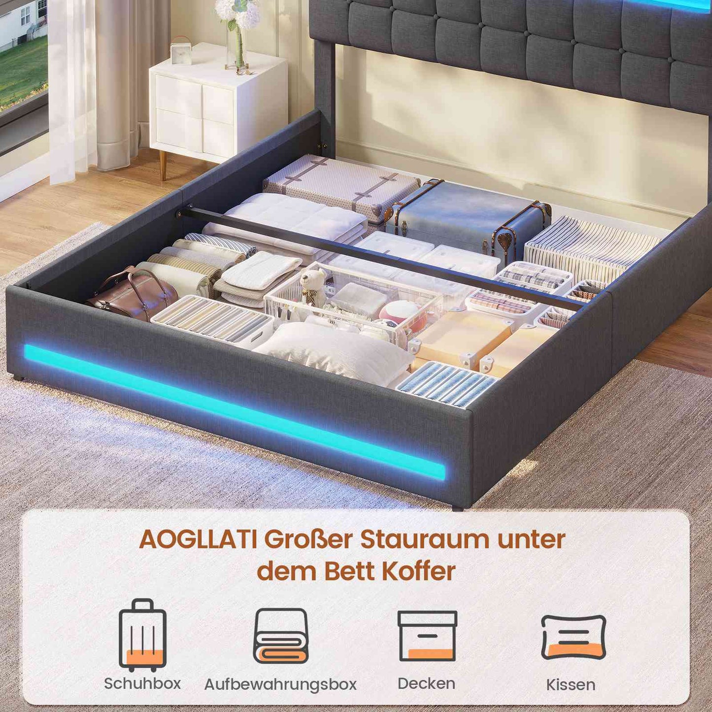 AOGLLATI Polsterbett 160 x 200 mit LED Beleuchtung und Ladestation Bettgestell mit Höhenverstellbares Kopfteil und Stauraum