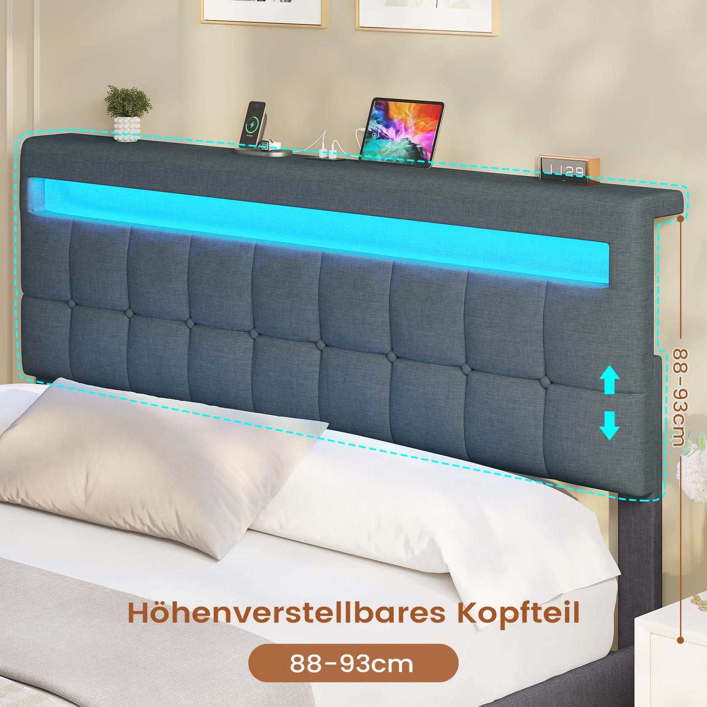 AOGLLATI Polsterbett 160 x 200 mit LED Beleuchtung und Ladestation Bettgestell mit Höhenverstellbares Kopfteil und Stauraum