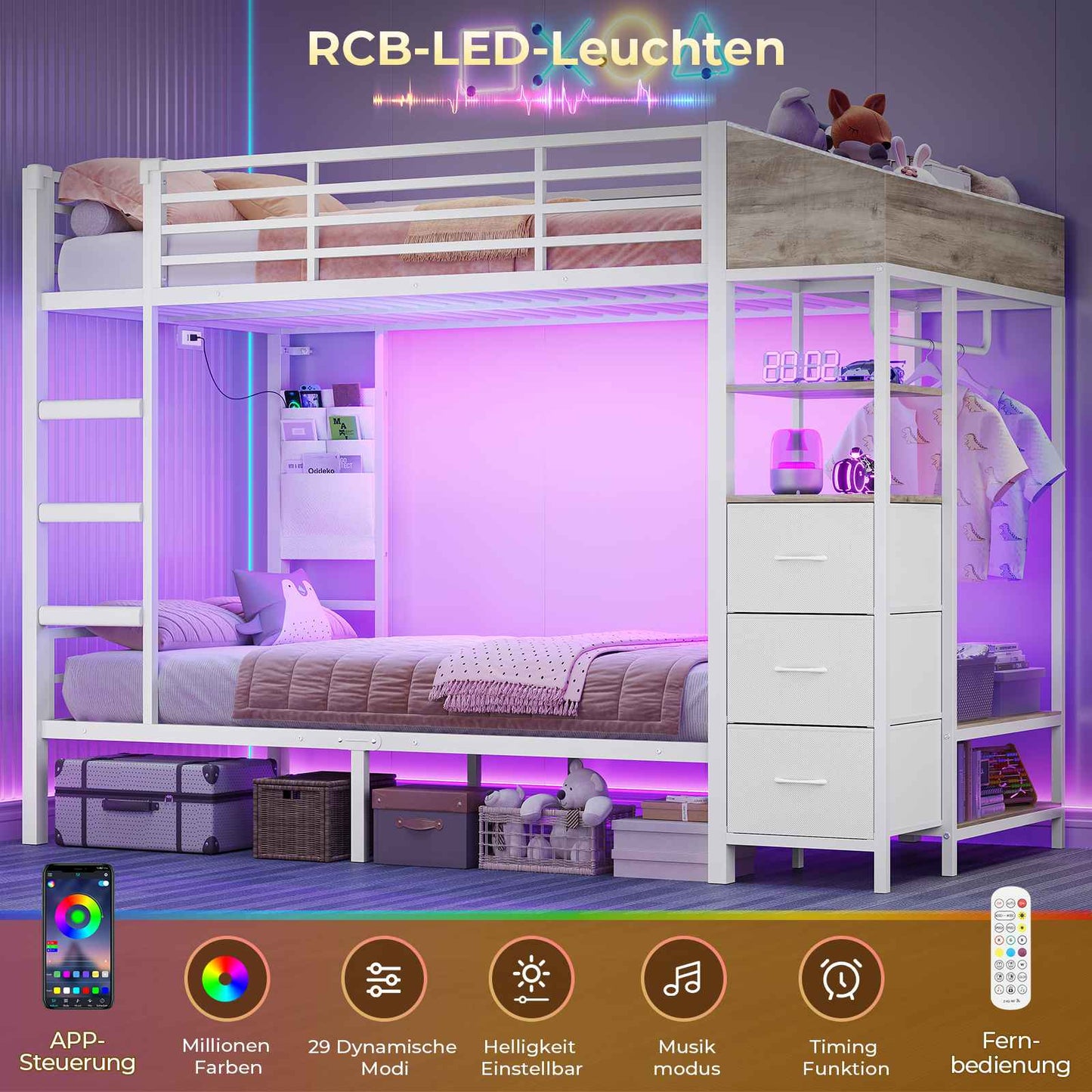 AOGLLATI Hochbett 90x200 Jugendbett mit Treppe und Rausfallschutz Bunk Bed mit LED Beleuchtung und Ladestation