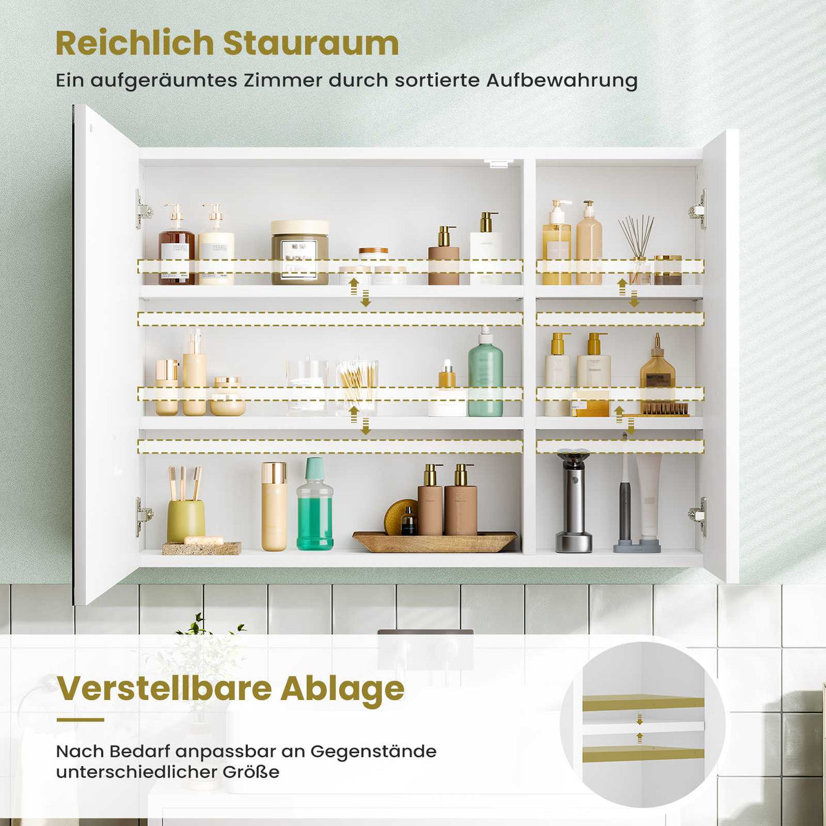 AOGLLATI Spiegelschrank Bad 80 cm breit mit LED-Beleuchtung Badezimmer spiegelschrank mit Verstellbarer Ablage HD-Spiegel