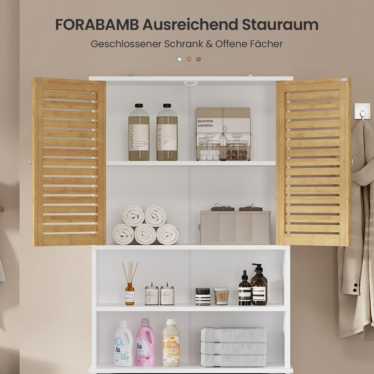 AOGLLATI Waschmaschinenschrank Hochschrank mit Schrank 2 offene Fächer Verstellbare Ablagen Badezimmerregal mit 2 Bambustüren