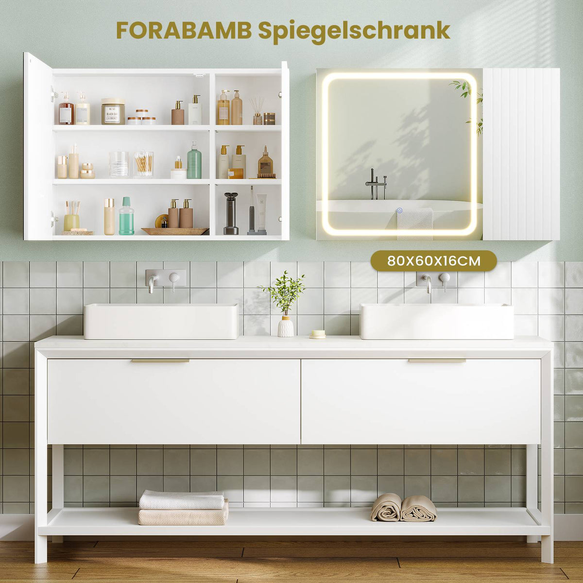AOGLLATI Spiegelschrank Bad 80 cm breit mit LED-Beleuchtung Badezimmer spiegelschrank mit Verstellbarer Ablage HD-Spiegel