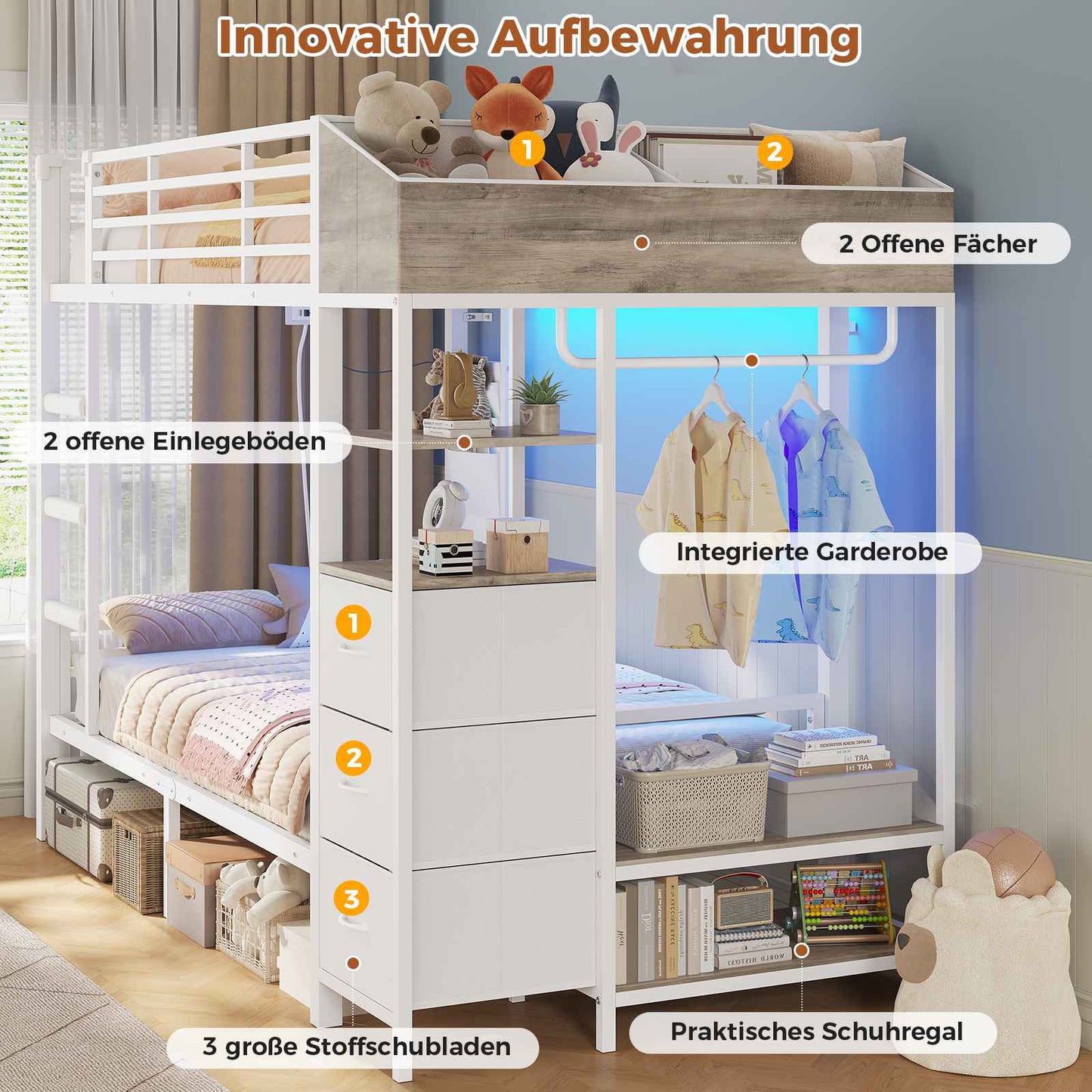 AOGLLATI Hochbett 90x200 Jugendbett mit Treppe und Rausfallschutz Bunk Bed mit LED Beleuchtung und Ladestation