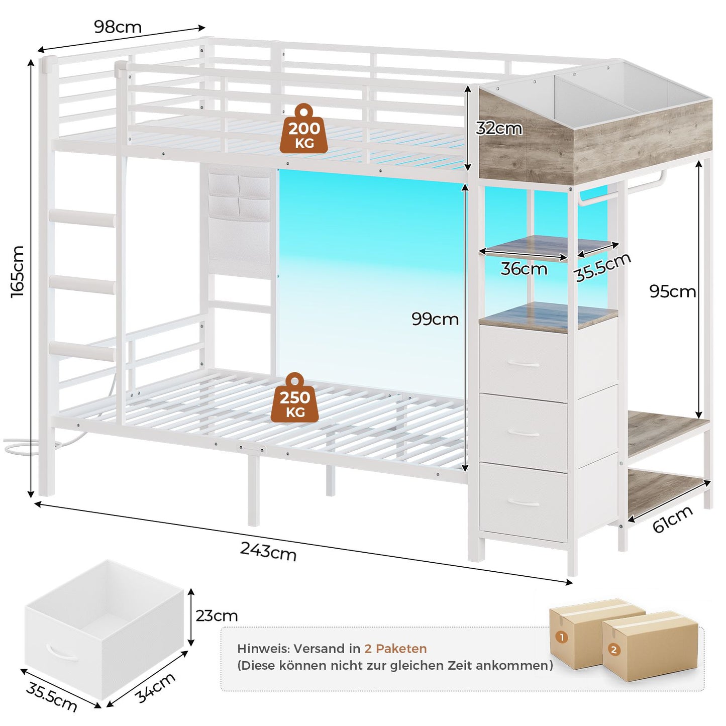 AOGLLATI Hochbett 90x200 Jugendbett mit Treppe und Rausfallschutz Bunk Bed mit LED Beleuchtung und Ladestation