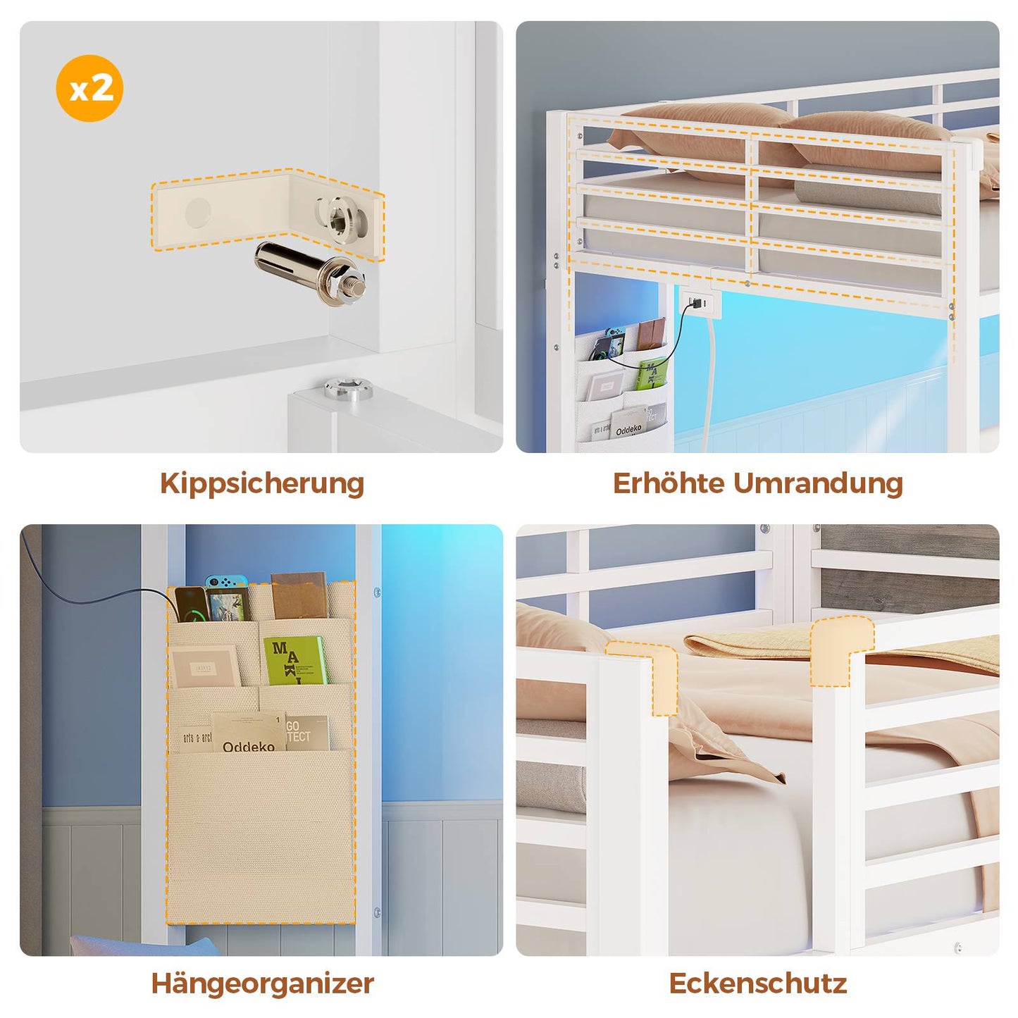 AOGLLATI Hochbett 90x200 Jugendbett mit Treppe und Rausfallschutz Bunk Bed mit LED Beleuchtung und Ladestation